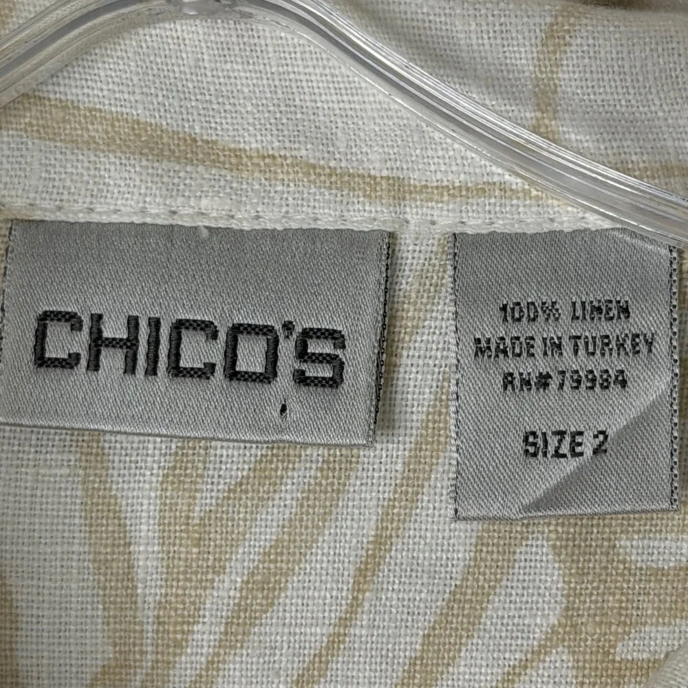 Chico's 100% Linen Trucker Jacket Shacket Womens L‎ White Beige Printed Boho